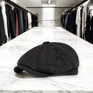 Dark Gray Grain Tweed Flat Cap Newsboy Hat - NEW